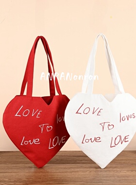 红色爱心包异形帆布袋小众复古LOVE字母印花单肩手提帆布包伴手礼