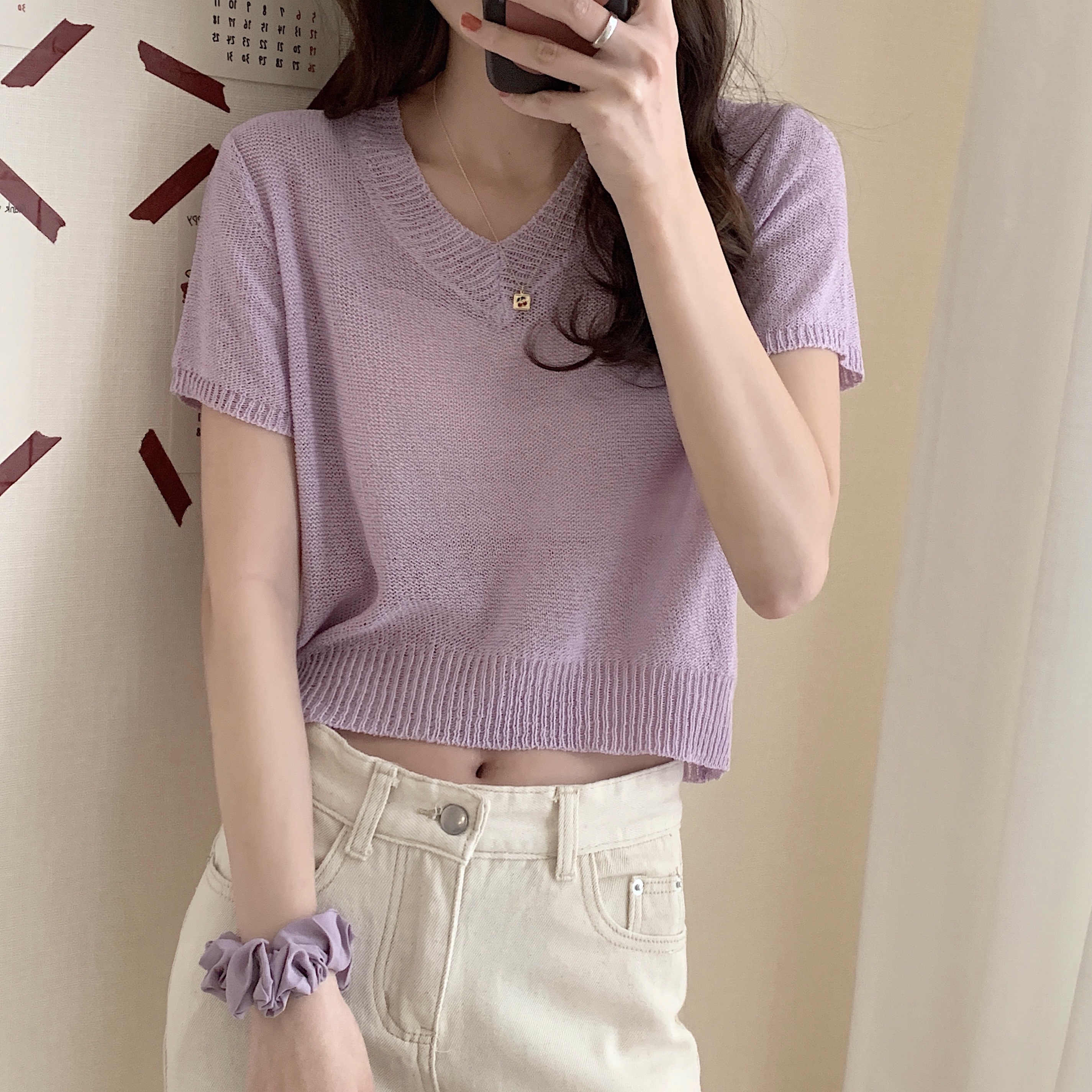 Real price new Korean versatile V-neck loose color perspective knitting T-shirt women's 5 colors