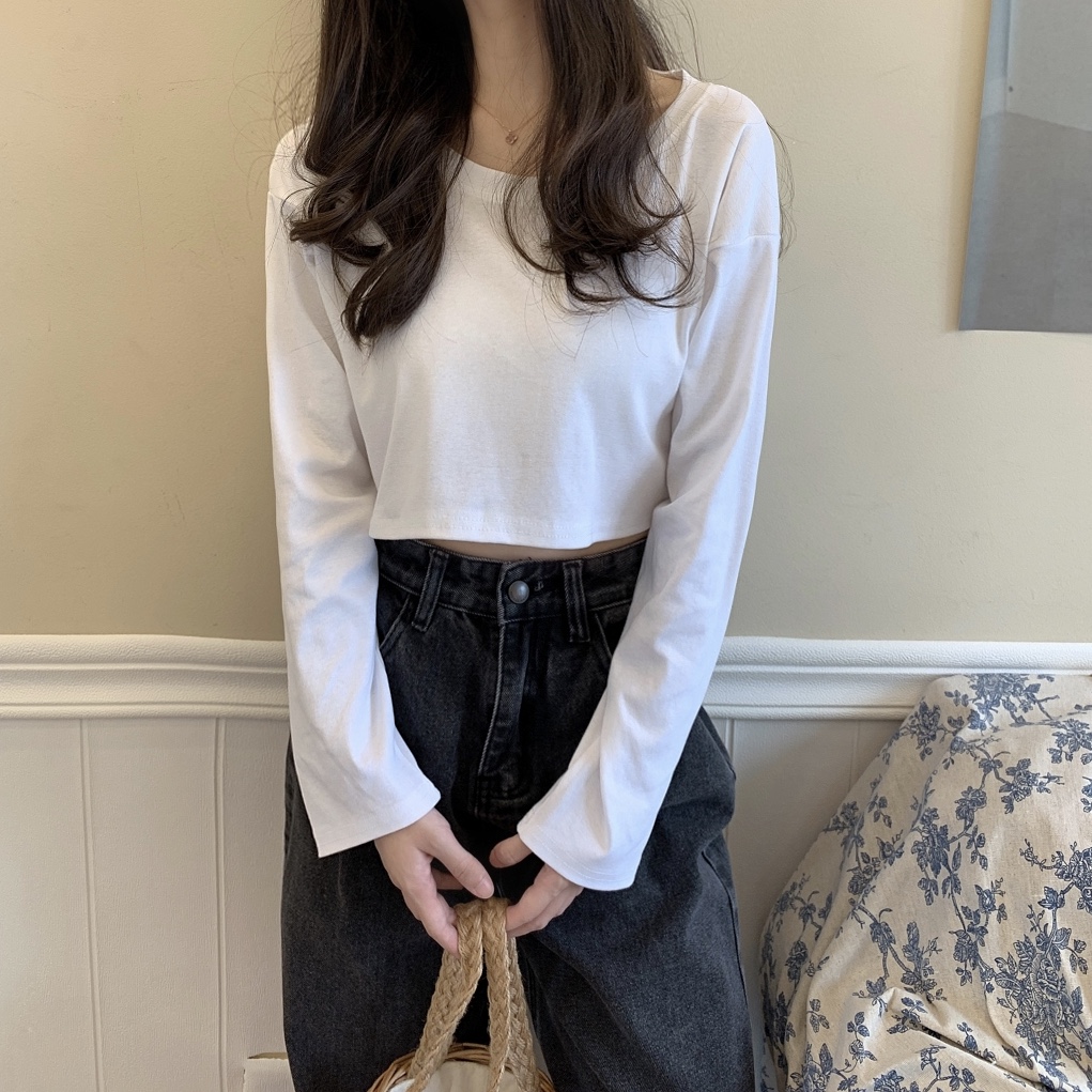 Autumn new Korean loose candy round neck solid high waist short long sleeve T-shirt