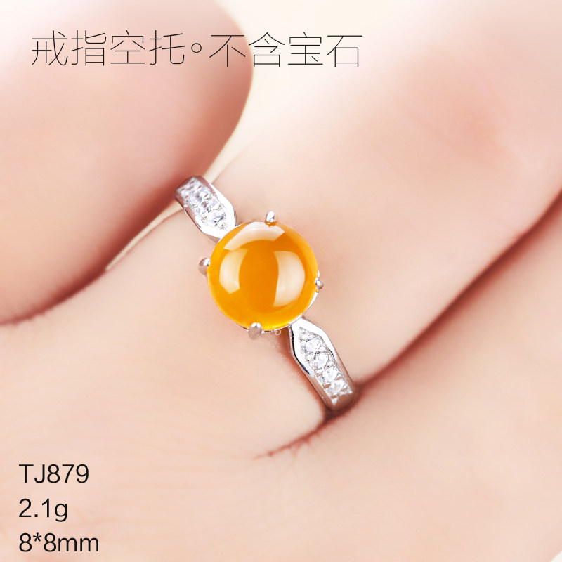 通体S925纯银女款戒指空托镶嵌翡翠玉石绿松石戒面圆形银戒托8*8