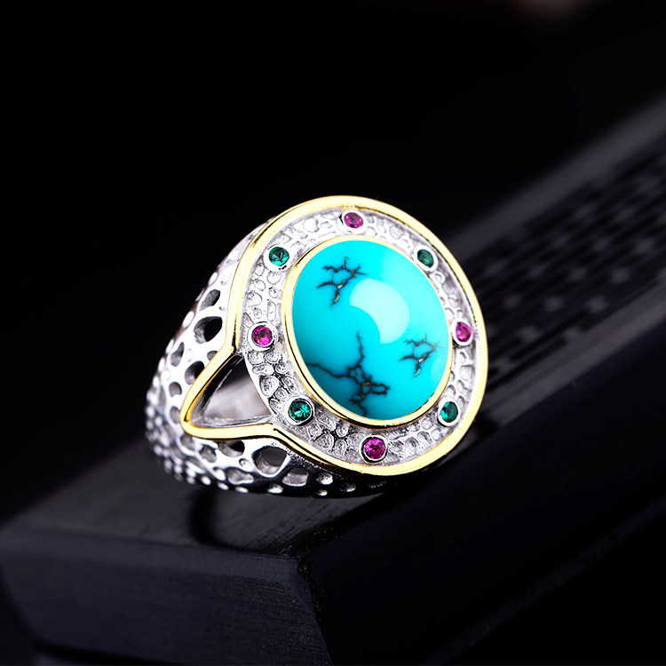 南红戒指空托男士蜜蜡镶嵌绿松石