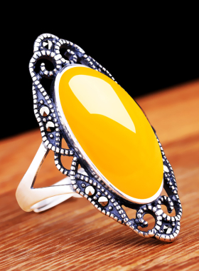 椭圆蜜蜡戒指托925纯银