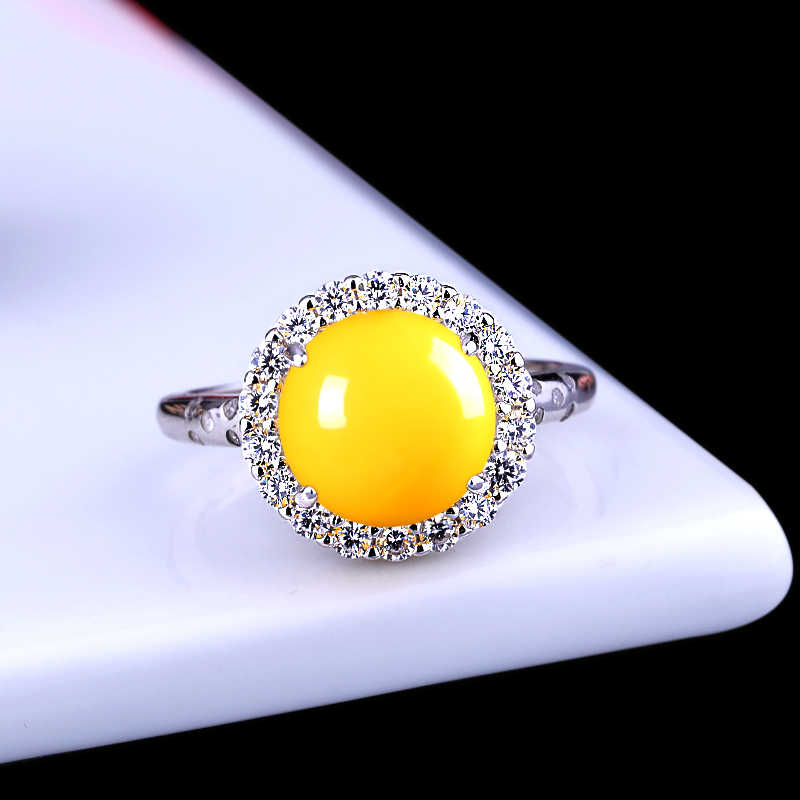 戒托圆形S925女镶嵌蜜蜡绿松石