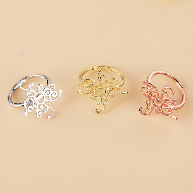 S925纯银随形戒指空托diy镶嵌蜜蜡琥珀水滴不规则翡翠玉石戒托女