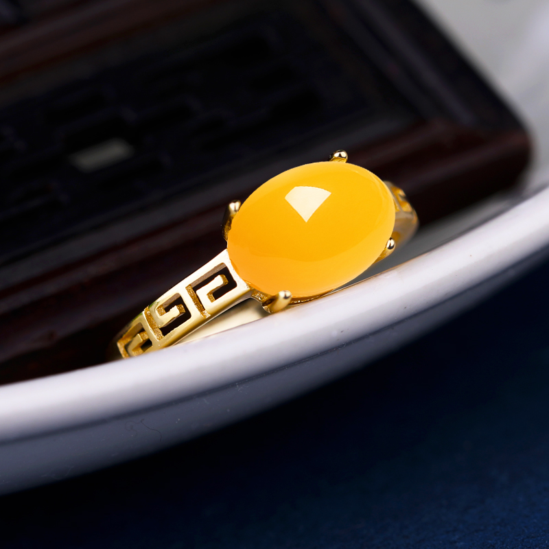 戒托纯银女s925戒指蜜蜡琥珀7*9