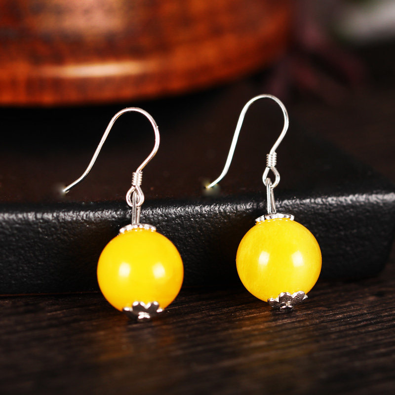 S925纯银耳环空托diy镶嵌蜜蜡琥珀南红绿松石珍珠圆珠银饰银托女