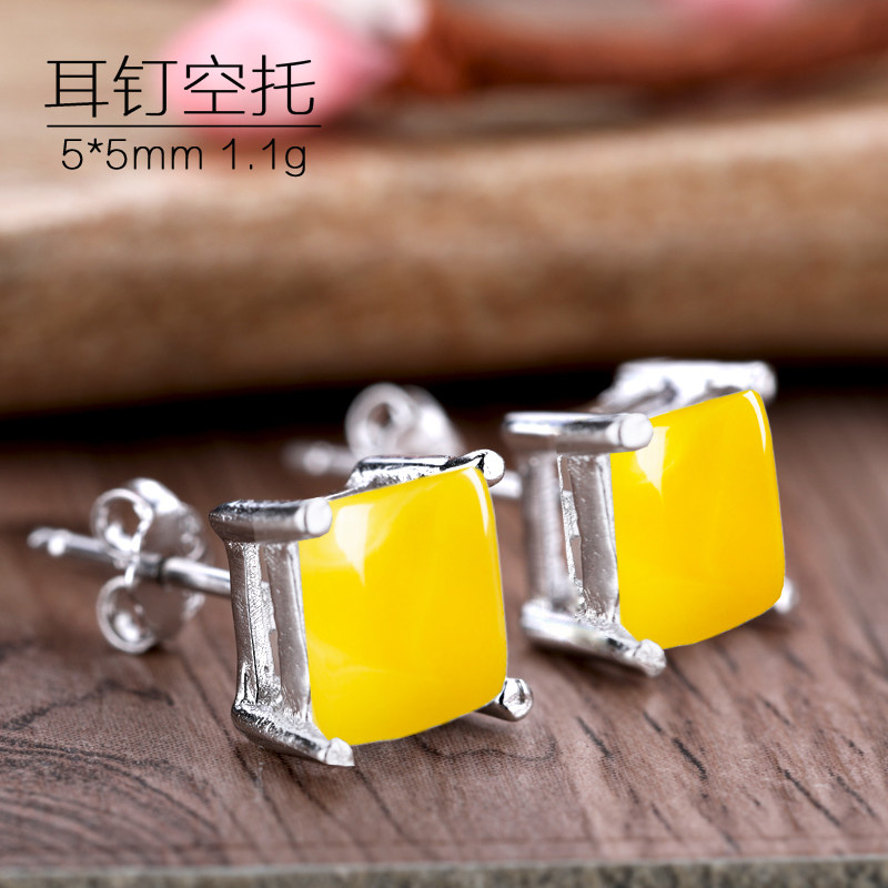 diy纯银蜜蜡绿松石方形耳钉