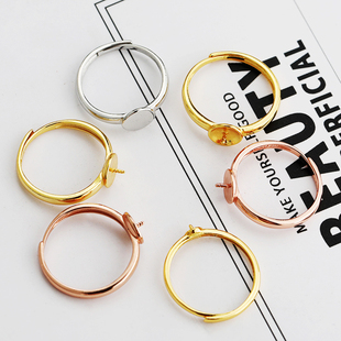 通体S925纯银戒指空托手工镶嵌DIY珍珠翡翠蜜蜡绿松石圆珠子戒托