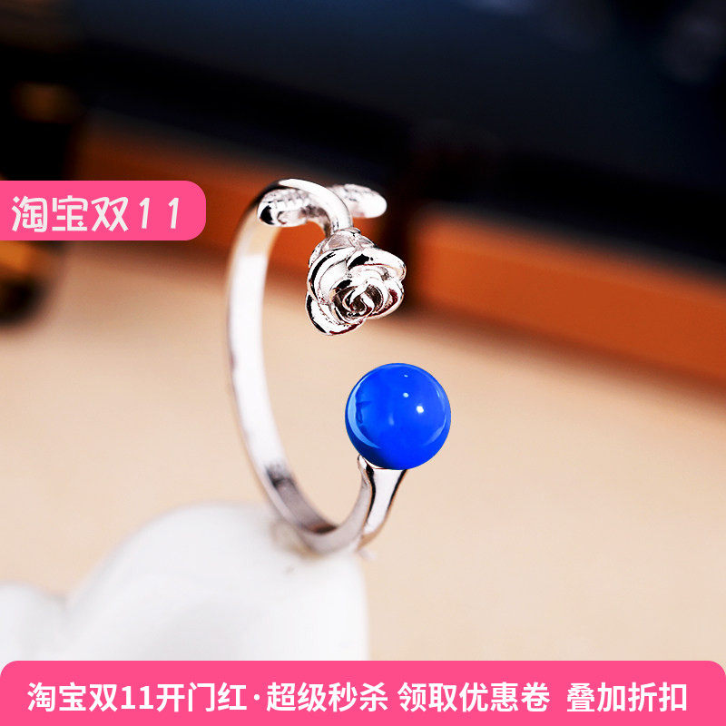 戒托玫瑰花S925纯银戒指空托镶嵌蜜蜡琥珀蓝珀圆珠戒托银饰空托女