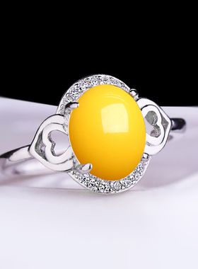 纯银蜜蜡戒面活口镶嵌绿松石