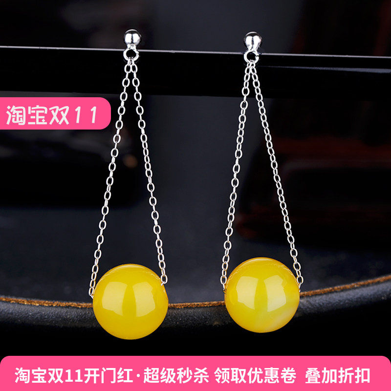 S925纯银耳线空托镶嵌穿翡翠玉石蜜蜡珍珠圆珠耳饰耳环银饰配件女