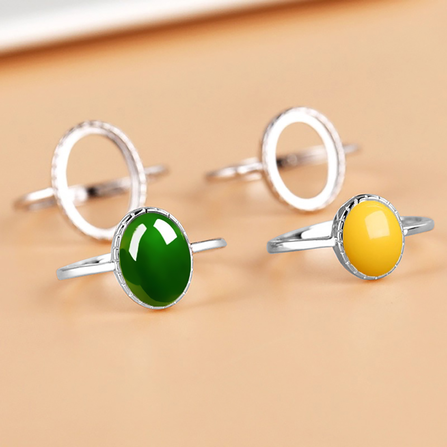 纯银戒指空托镶嵌翡翠和田玉石