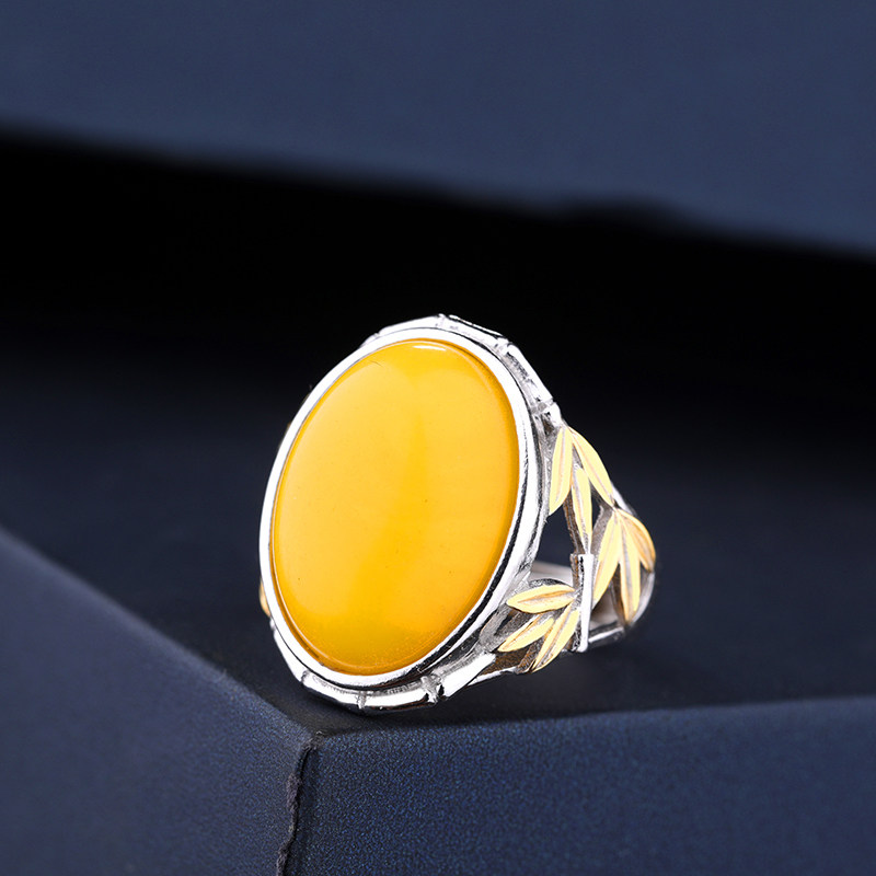 s925银戒指托椭圆镶嵌琥珀空托