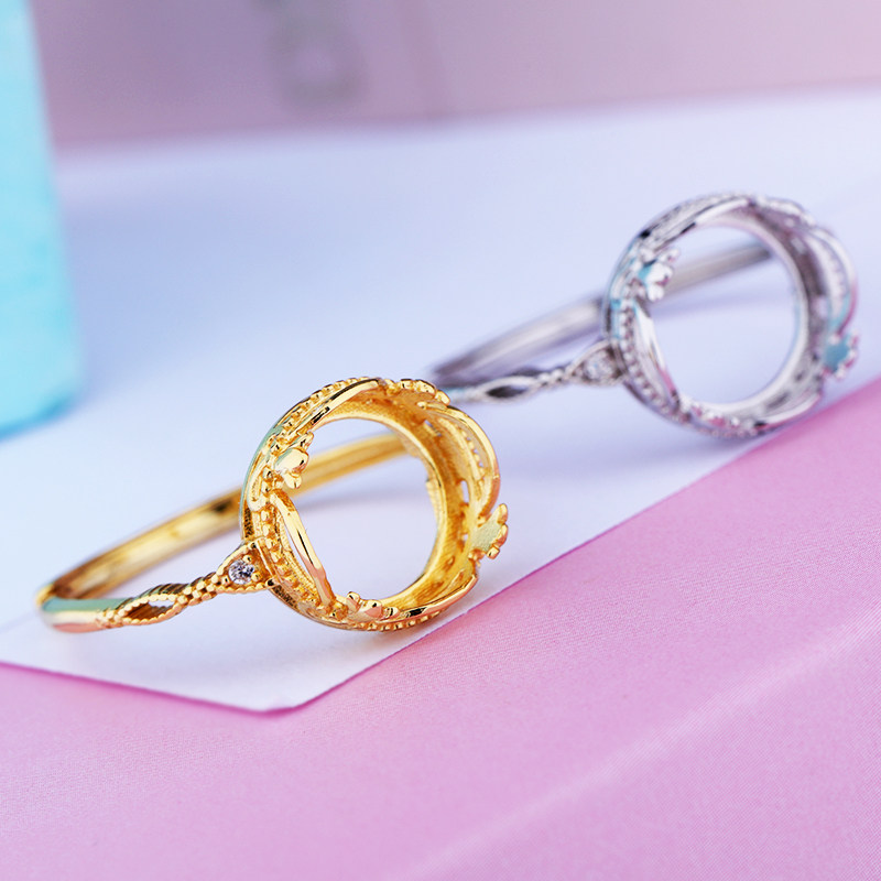 S925纯银戒指空托圆形戒指托diy镶嵌翡翠蜜蜡玛瑙宝石女戒托 9*9