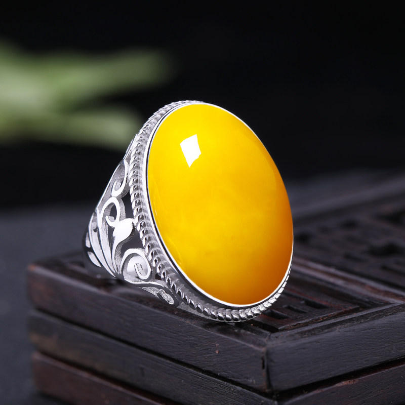 925纯银戒托蜜蜡镶嵌琥珀宝石女