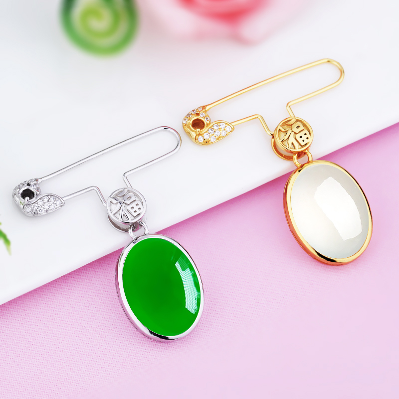 S925纯银胸针空托日韩银饰可配蜜蜡翡翠玉石小项坠配件