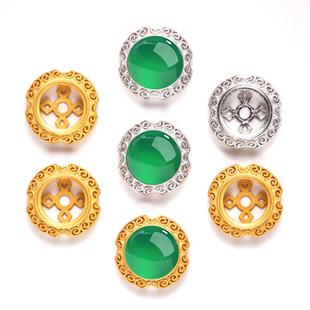 s925纯银背云托手链手串项链diy镶嵌和田玉石翡翠银饰配件圆形8*8