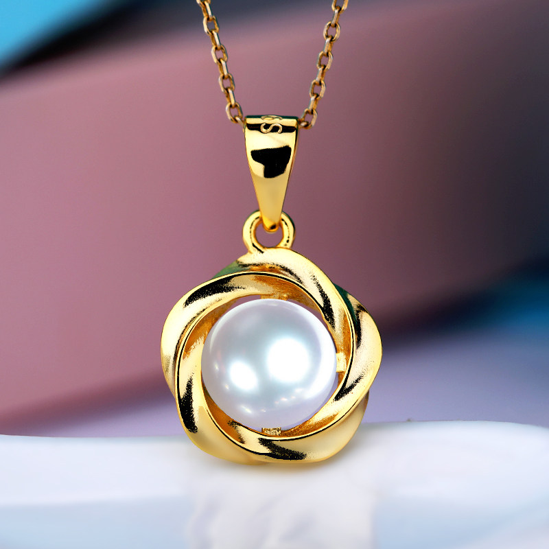 S925纯银吊坠空托日韩女式镶嵌珍珠玛瑙石蜜蜡绿松石圆珠项坠银托