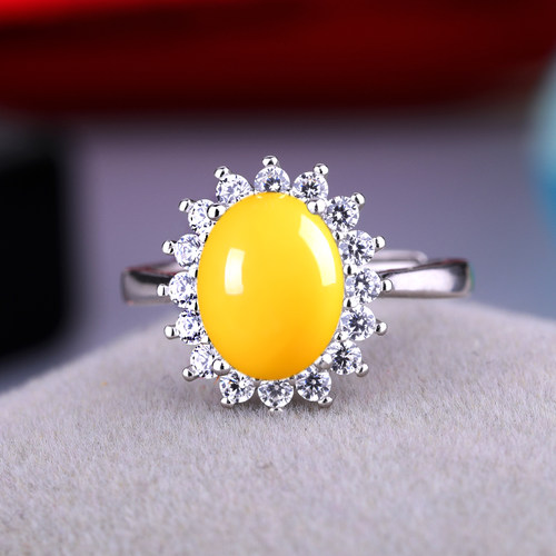 镶嵌蜜蜡绿松石开口平底银戒指