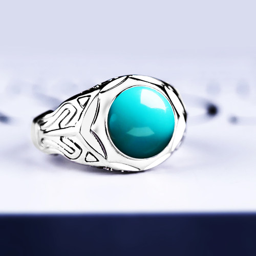 戒指空托男S925银绿松石镶嵌蜜蜡