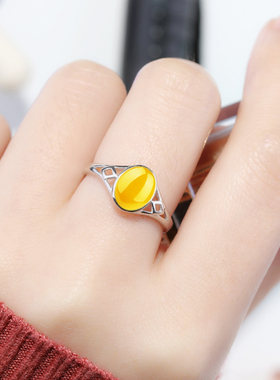 s925纯银镀白金女戒托琥珀6*8