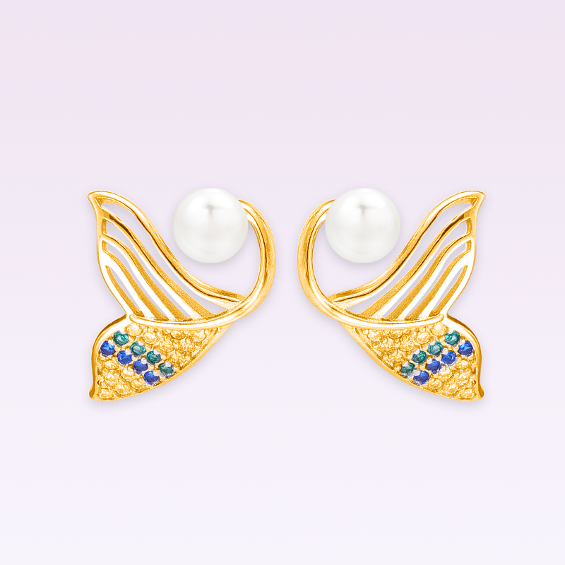 通体S925纯银耳钉空托鱼尾耳坠镶嵌珍珠蜜蜡圆珠耳饰银饰银托配件