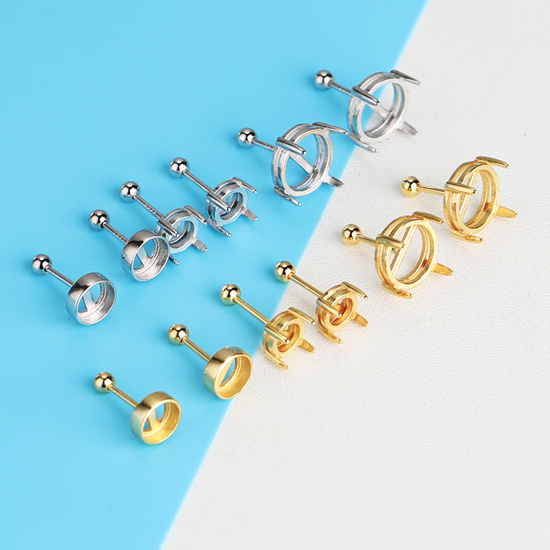 纯银耳钉空托镶嵌翡翠玉石女DIY