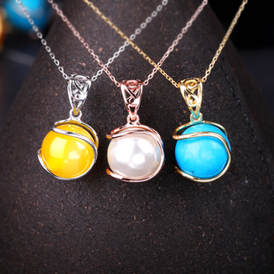 DIY银饰品配件925纯银随形吊坠空托女手工镶嵌蜜蜡珍珠圆珠吊坠托