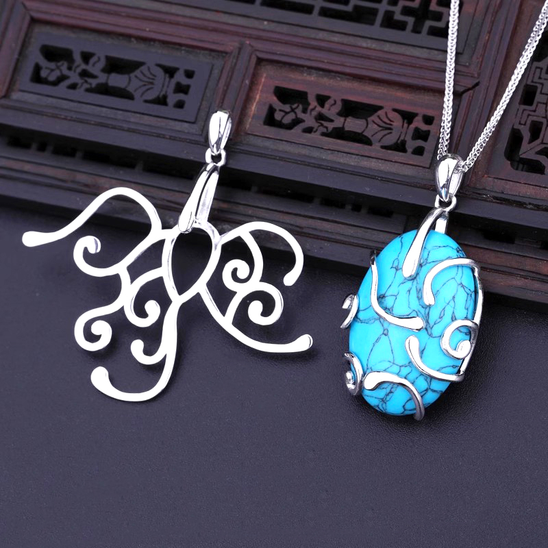 吊坠空托随形镶嵌琥珀绿松石纯银