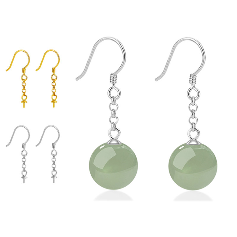 新款S925纯银耳环空托耳线翡翠和田玉石珍珠圆珠DIY耳饰配件银料