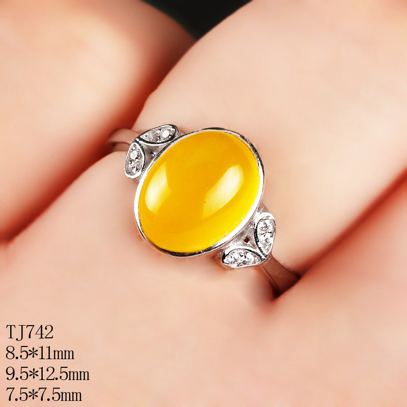 纯银戒指空托蜜蜡琥珀镶嵌绿松石