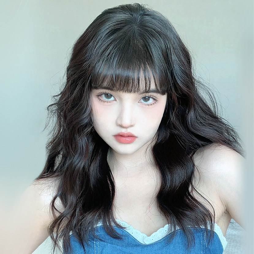 柚子港风假发复古卷发羊毛卷黑色蛋卷头女中长发自然日常全头套式