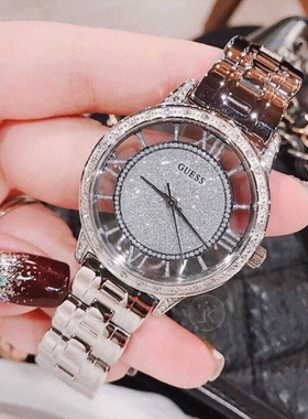 正品Guess手表女镶钻简约银色钢带镂空大表盘石英女腕表W1013L1