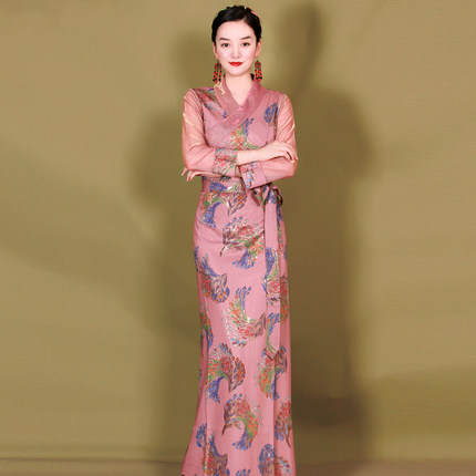 纤沫西式藏装女拉萨服夏季真丝拼色博拉西藏服藏袍安多民族风藏衣