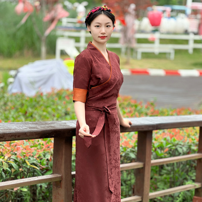 藏族服装女新款短袖藏装拉萨服夏季拼色博拉西藏服裹裙民族风长裙