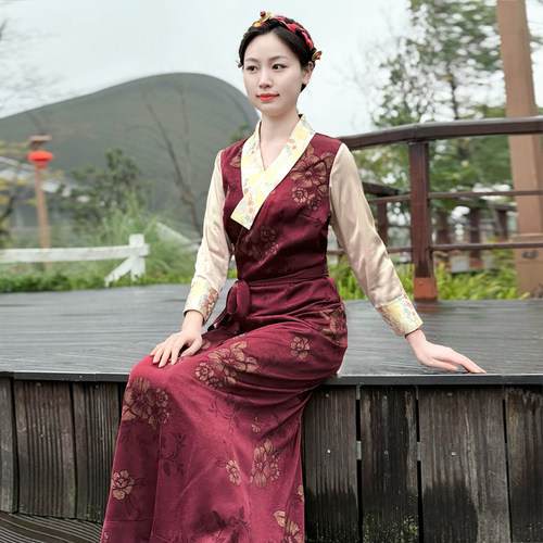 纤沫春夏季藏装女西藏服民族风藏服博拉高档冰丝藏袍女藏族锅庄裙