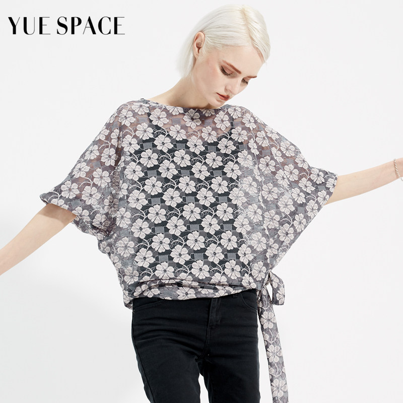 YUESPACE蕾丝衫套头t恤女宽松显瘦一字领七分袖时尚百搭小衫春夏
