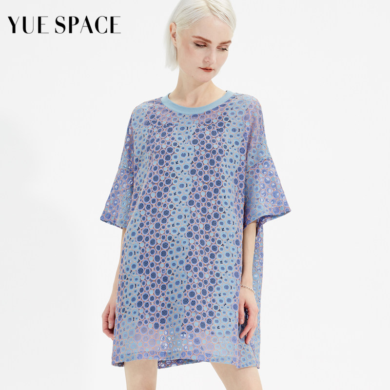 YUESPACE夏季女蕾丝衫印花T恤圆领宽松短袖小衫洋气显瘦套头休闲