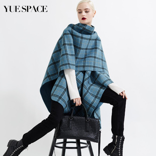 YUESPACE宽松双面毛呢外套女羊毛斗篷大衣格子两面穿时尚 秋冬无袖