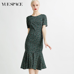 时尚 波点印花连衣裙女圆领短袖 复古包臀一步裙夏 修身 悦空间中长款