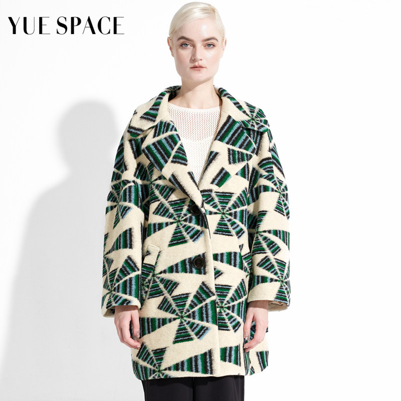 YUESPACE羊毛大衣秋冬女士提花毛呢外套中长款宽松西装领时尚休闲