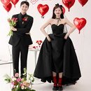 影楼情侣拍照主题服装 小众黑色抹胸极简缎面小蝴蝶结婚纱礼服 法式