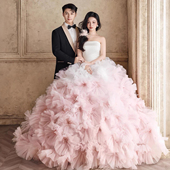 影楼拍照主题服装 公主抹胸粉色礼服梦幻仙女重工立体花朵拖尾婚纱