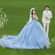 影楼主题服装 外景草坪情侣拍照写真长礼服蓝色蛋糕公主裙婚纱 新款