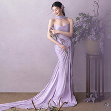 影楼拍照主题服装2025年新款婚纱摄影旅拍写真礼服紫色抹胸长晨袍