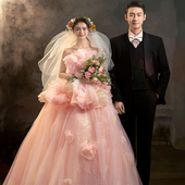 粉色影楼拍照主题服装 抹胸婚纱甜美写真蓬蓬裙花朵室内彩纱礼服裙