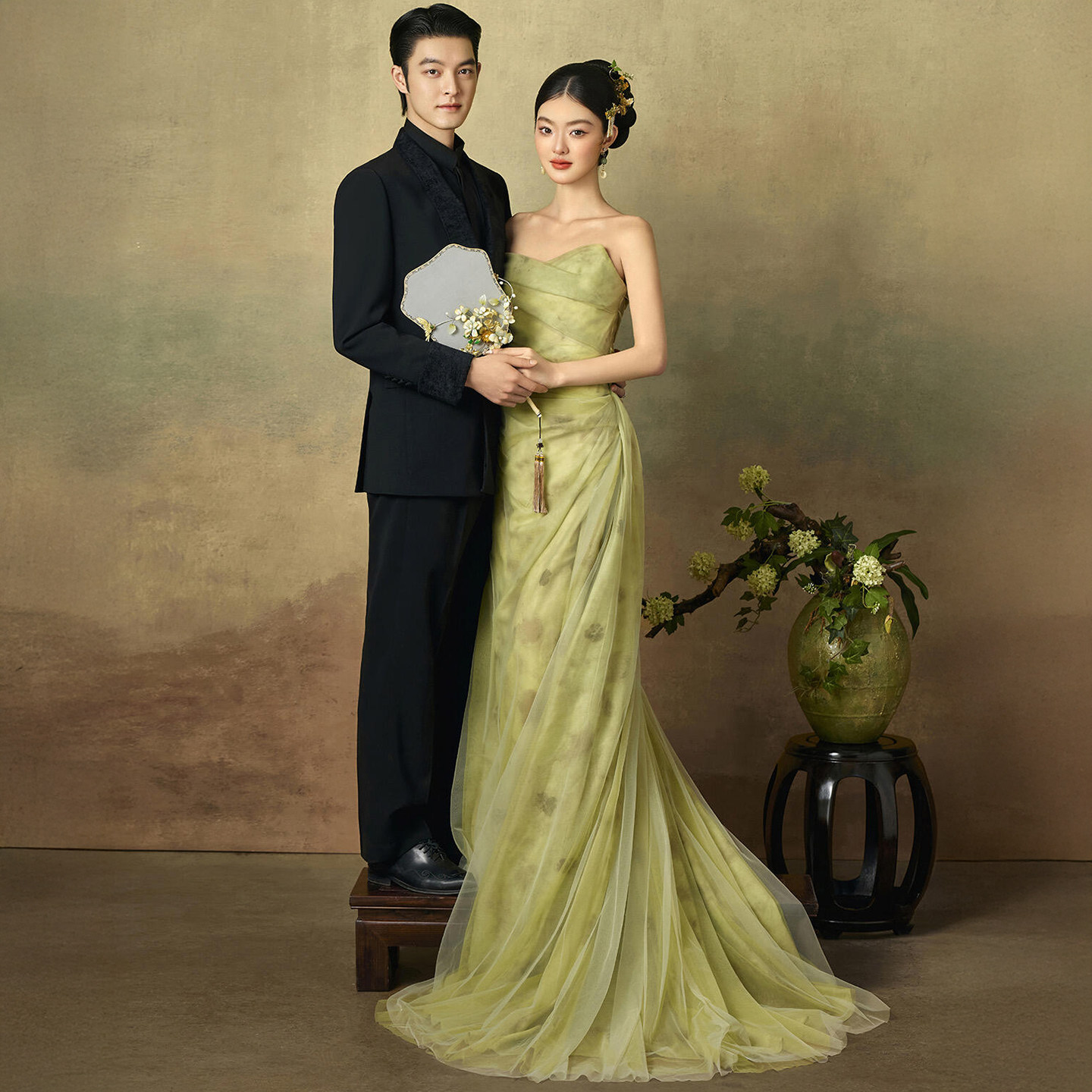 影楼主题拍照写真复古风抹胸婚纱绿色长裙修身唯美水墨风婚纱礼服