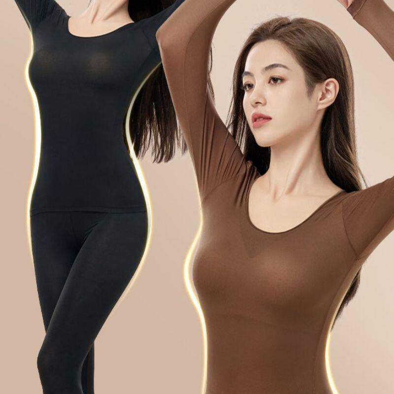 秋季超轻薄锁温修身剪裁打底衫高弹无痕bo尿酸美肤衣女士保暖套装