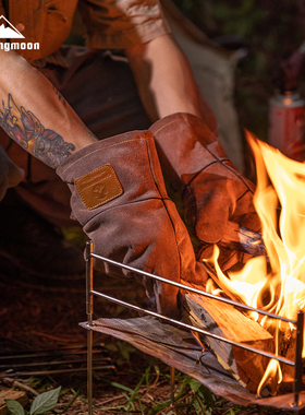 CAMPINGMOON柯曼户外焚火手套Q28 隔热牛皮防烫双层露营手套加厚