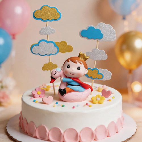 卡通火烈鸟王冠王子蛋糕装饰摆件双层云朵插牌儿童生日派对插件